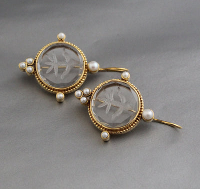 Clear Crystal Intaglio Earrings, 1920s Art Deco, 18K Gold, photo 8