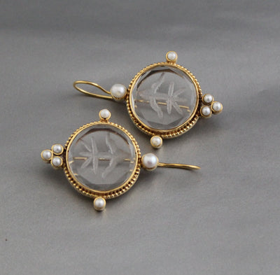 Clear Crystal Intaglio Earrings, 1920s Art Deco, 18K Gold, photo 9