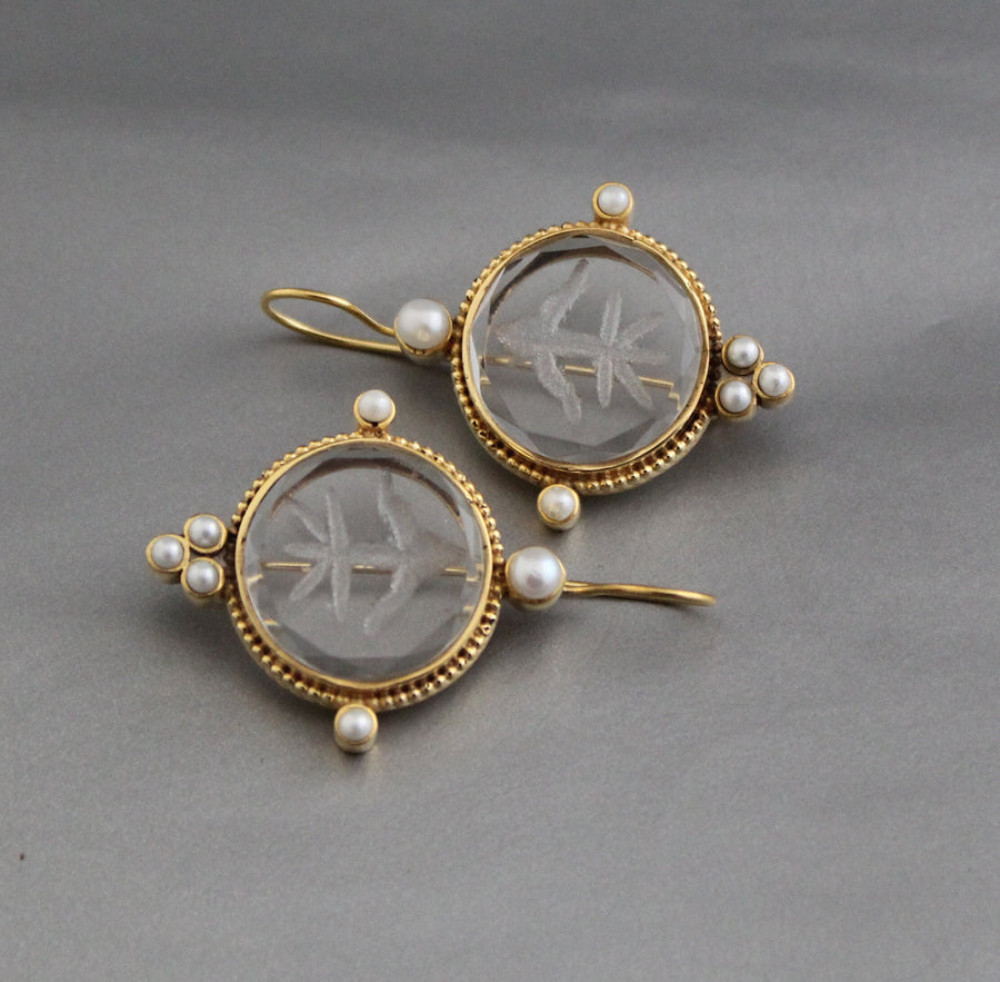 Clear Crystal Intaglio Earrings, 1920s Art Deco, 18K Gold, photo 9