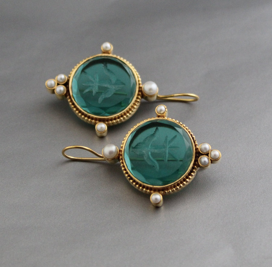 Intaglio Glass Earrings, Vintage Bridal Style, Brass with Pearls, photo 5