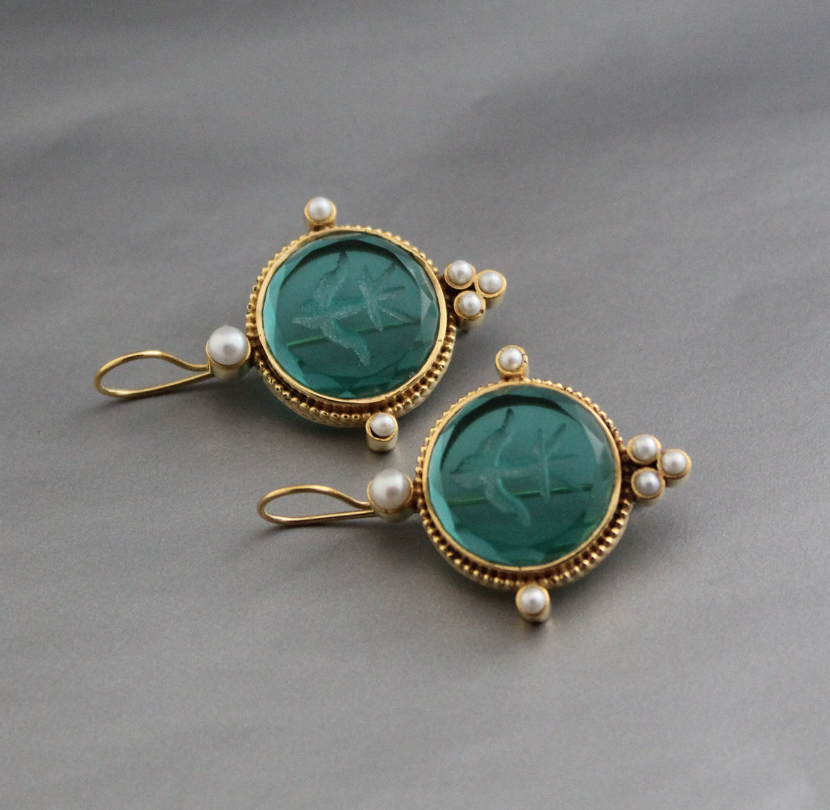 Intaglio Glass Earrings, Vintage Bridal Style, Brass with Pearls, photo 6