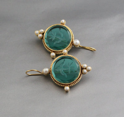Intaglio Glass Earrings, Vintage Bridal Style, Brass with Pearls
