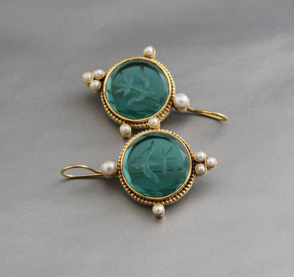 Intaglio Glass Earrings, Vintage Bridal Style, Brass with Pearls