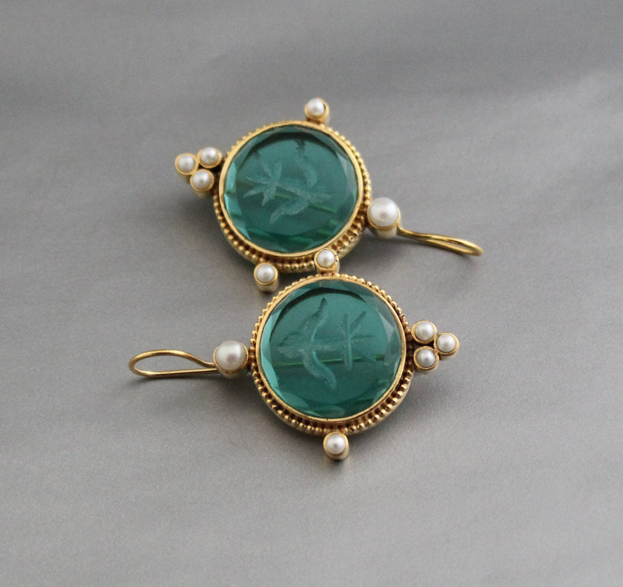 Intaglio Glass Earrings, Vintage Bridal Style, Brass with Pearls