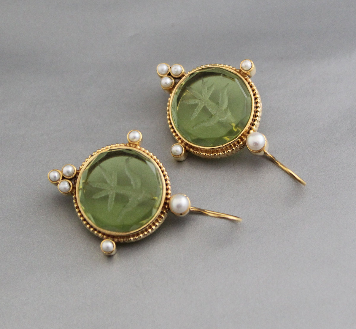 Green Glass Intaglio Earrings, Brass with Pearls, photo 4