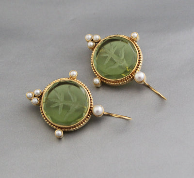 Green Glass Intaglio Earrings, Brass with Pearls, photo 4