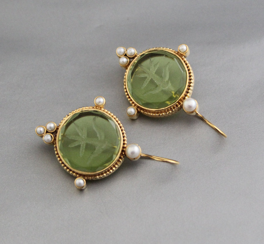 Green Glass Intaglio Earrings, Brass with Pearls, photo 4