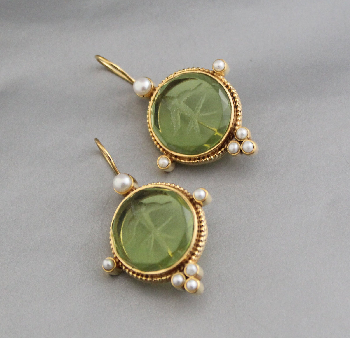 Green Glass Intaglio Earrings, Brass with Pearls, photo 5
