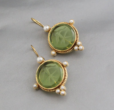Green Glass Intaglio Earrings, Brass with Pearls, photo 5