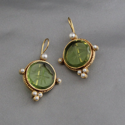 Green Glass Intaglio Earrings, Brass with Pearls, photo 6