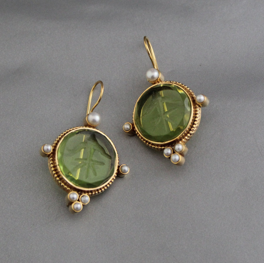 Green Glass Intaglio Earrings, Brass with Pearls, photo 6