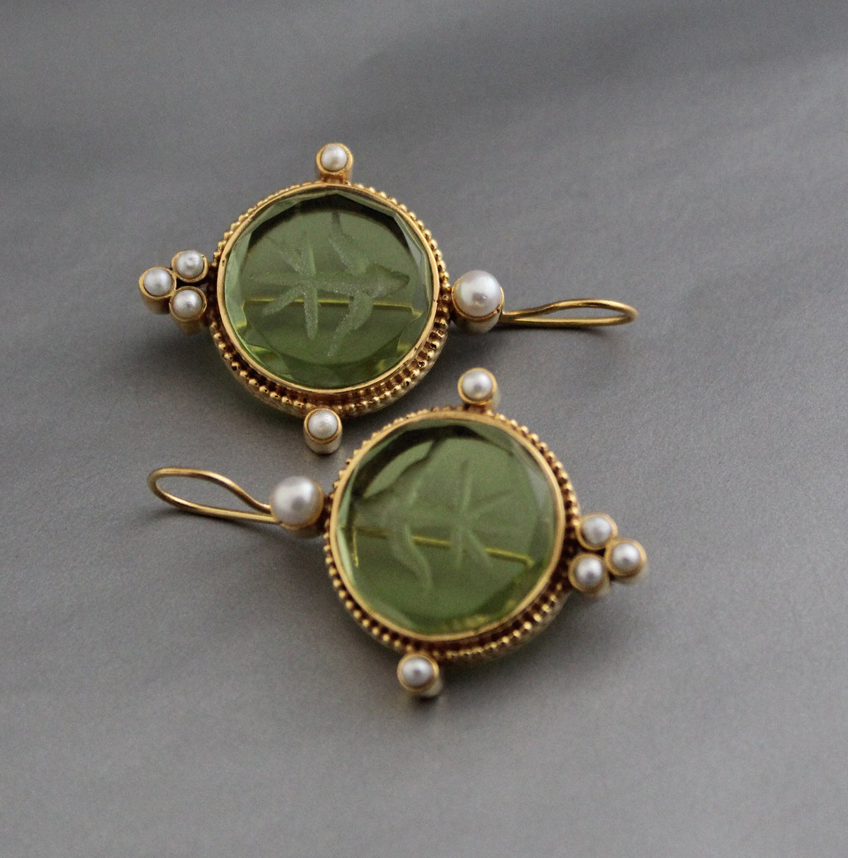 Green Glass Intaglio Earrings, Brass with Pearls, photo 8