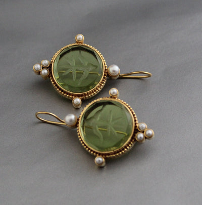 Green Glass Intaglio Earrings, Brass with Pearls, photo 8
