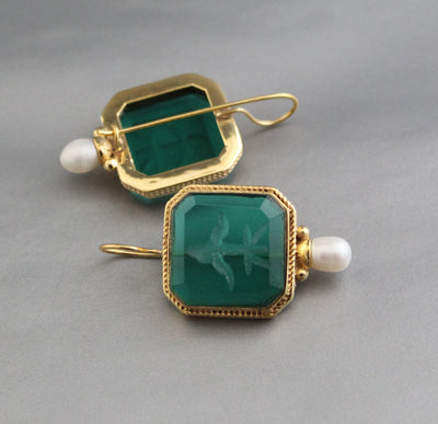 Green Intaglio Earrings, Art Deco Dangles, photo 5
