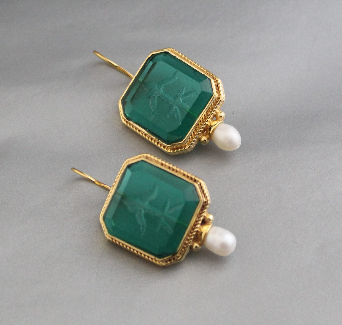 Green Intaglio Earrings, Art Deco Dangles, photo 7
