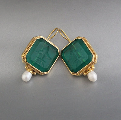 Green Intaglio Earrings, Art Deco Dangles