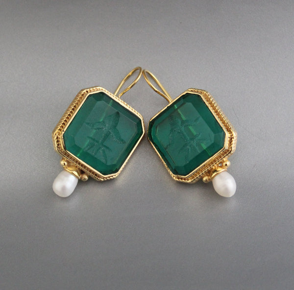 Green Intaglio Earrings, Art Deco Dangles