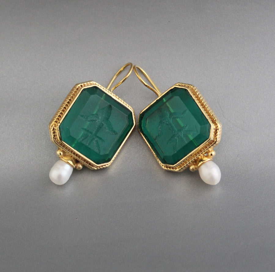 Green Intaglio Earrings, Art Deco Dangles