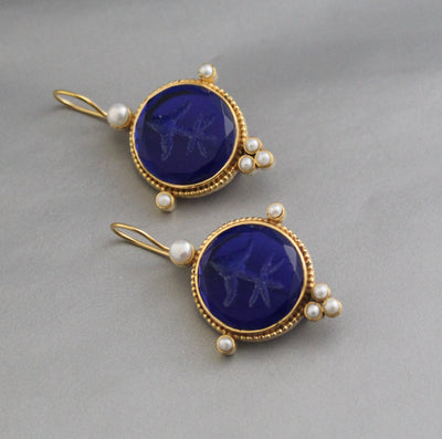 Indigo Blue Intaglio Earrings, Vintage Style, Gold Vermeil, photo 6