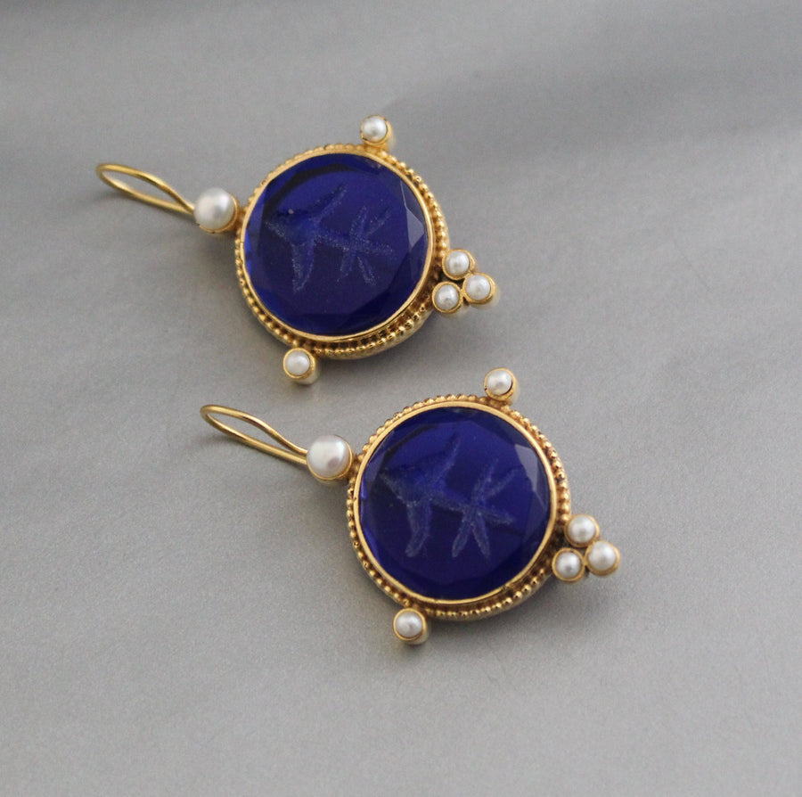 Indigo Blue Intaglio Earrings, Vintage Style, Gold Vermeil, photo 6