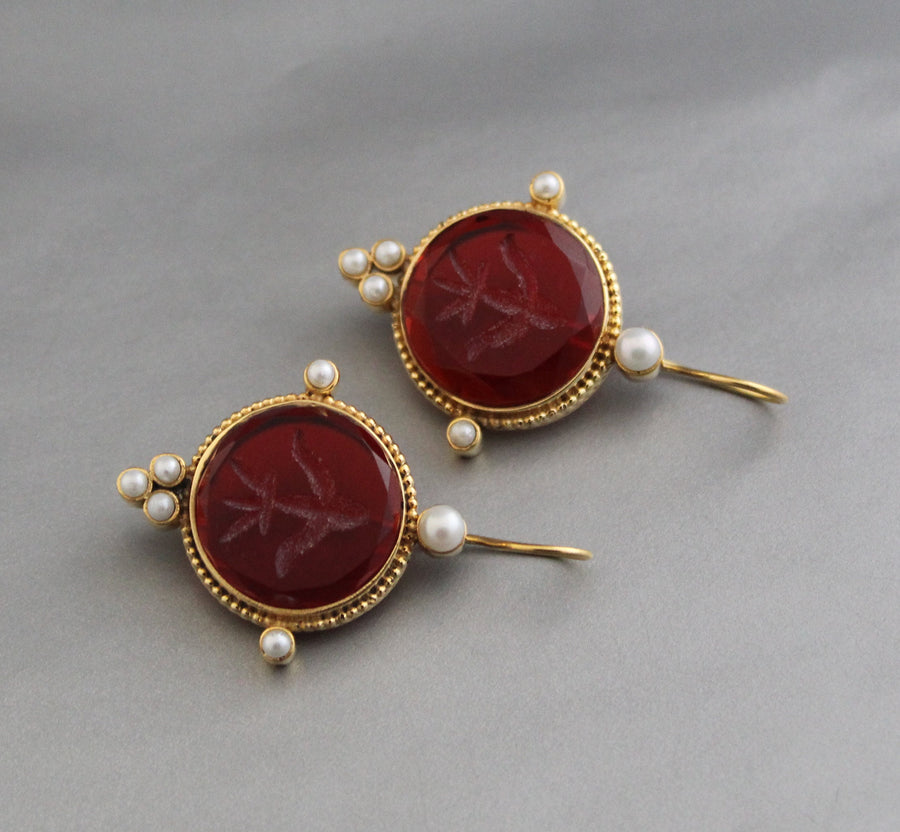 Red Glass Intaglio Earrings, Victorian Drops, Brass with Pearls, photo 6