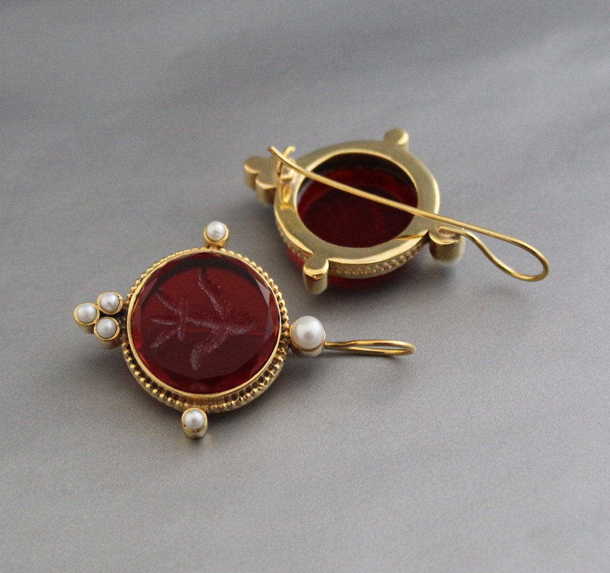 Red Glass Intaglio Earrings, Victorian Drops, Brass with Pearls