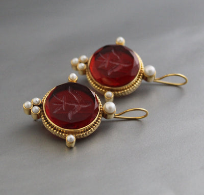 Red Glass Intaglio Earrings, Victorian Drops, Brass with Pearls, photo 2