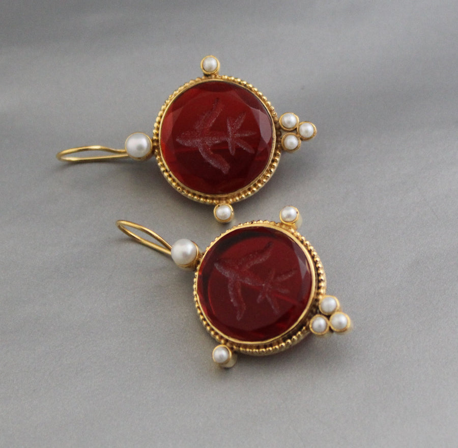 Red Glass Intaglio Earrings, Victorian Drops, Brass with Pearls, photo 7