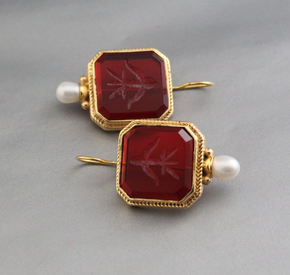 Red Glass Intaglio Hoop Earrings, Victorian Style, 14K Gold with Pearl