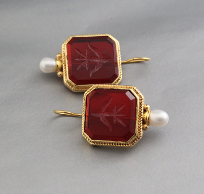 Red Glass Intaglio Hoop Earrings, Victorian Style, 14K Gold with Pearl