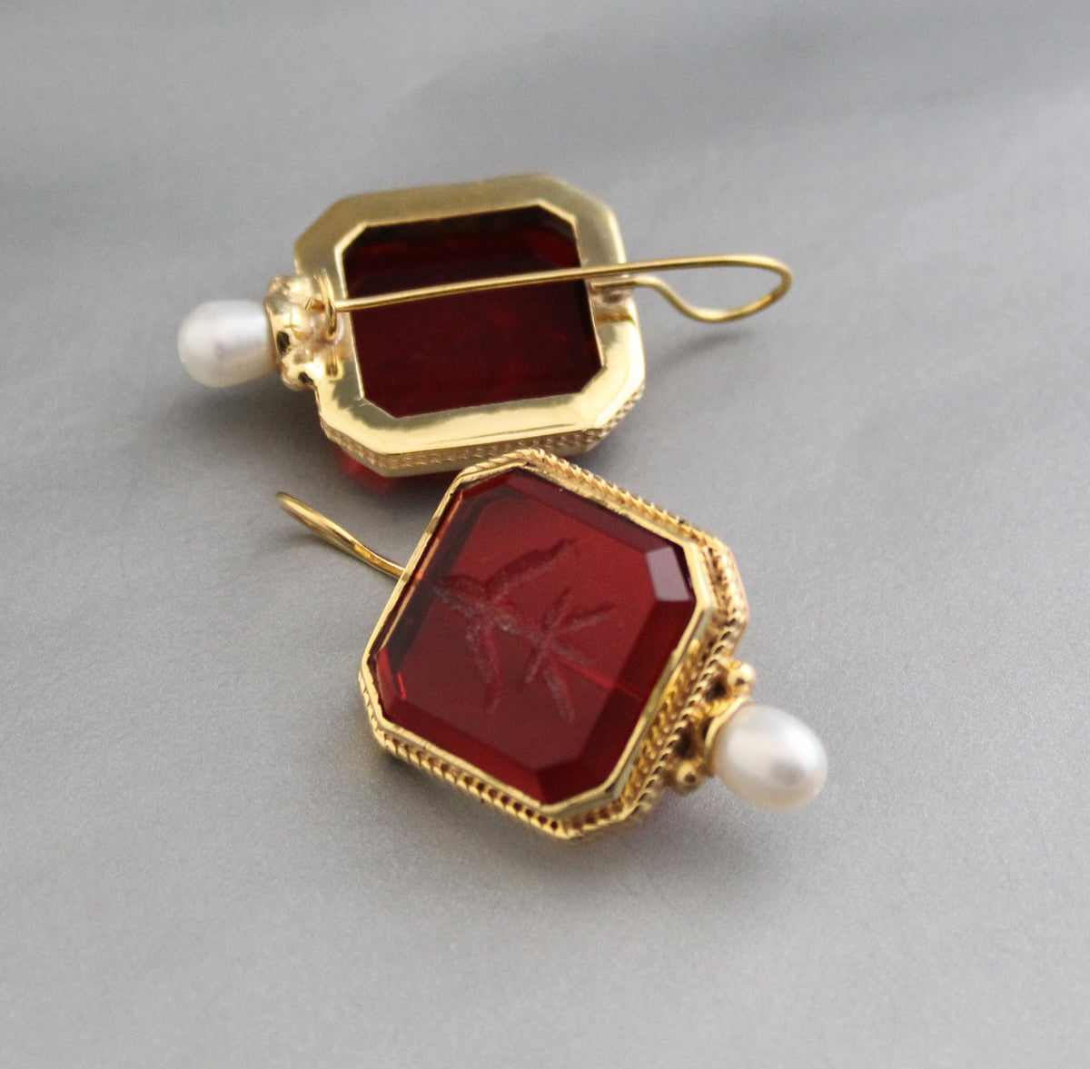 Red Glass Intaglio Hoop Earrings, Victorian Style, 14K Gold with Pearl, photo 7