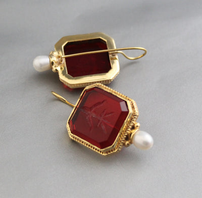 Red Glass Intaglio Hoop Earrings, Victorian Style, 14K Gold with Pearl, photo 7