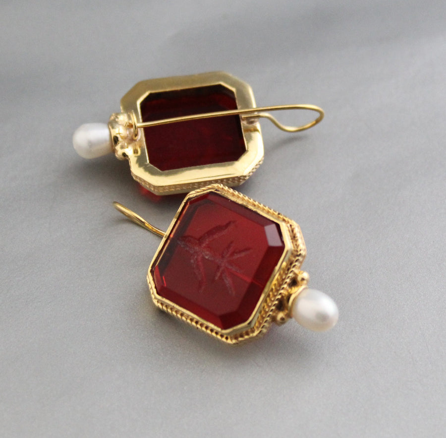 Red Glass Intaglio Hoop Earrings, Victorian Style, 14K Gold with Pearl, photo 7