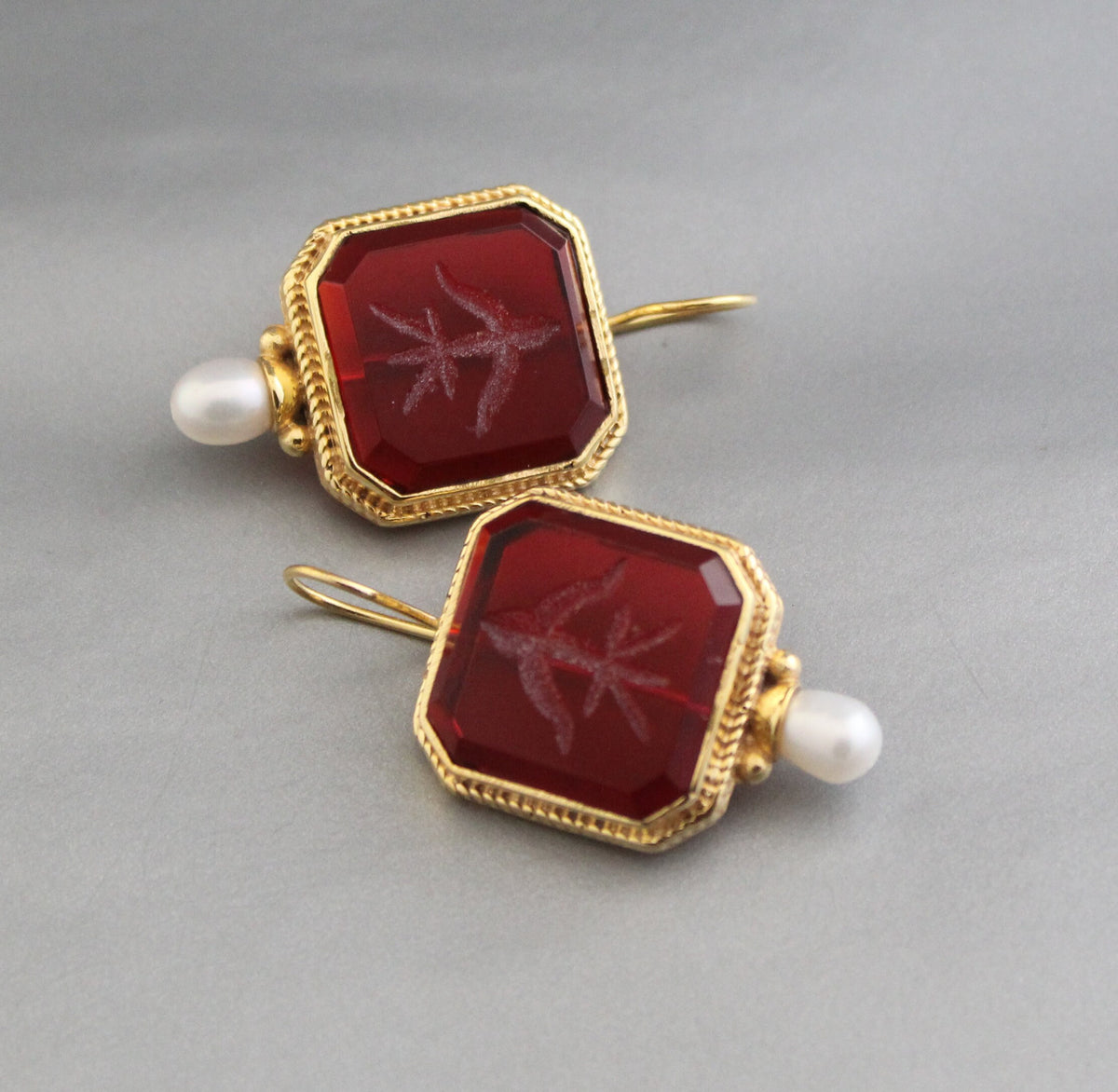 Red Glass Intaglio Hoop Earrings, Victorian Style, 14K Gold with Pearl, photo 4