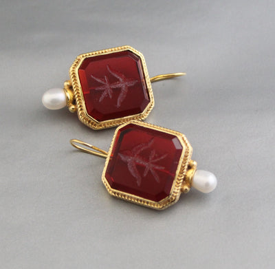 Red Glass Intaglio Hoop Earrings, Victorian Style, 14K Gold with Pearl, photo 4