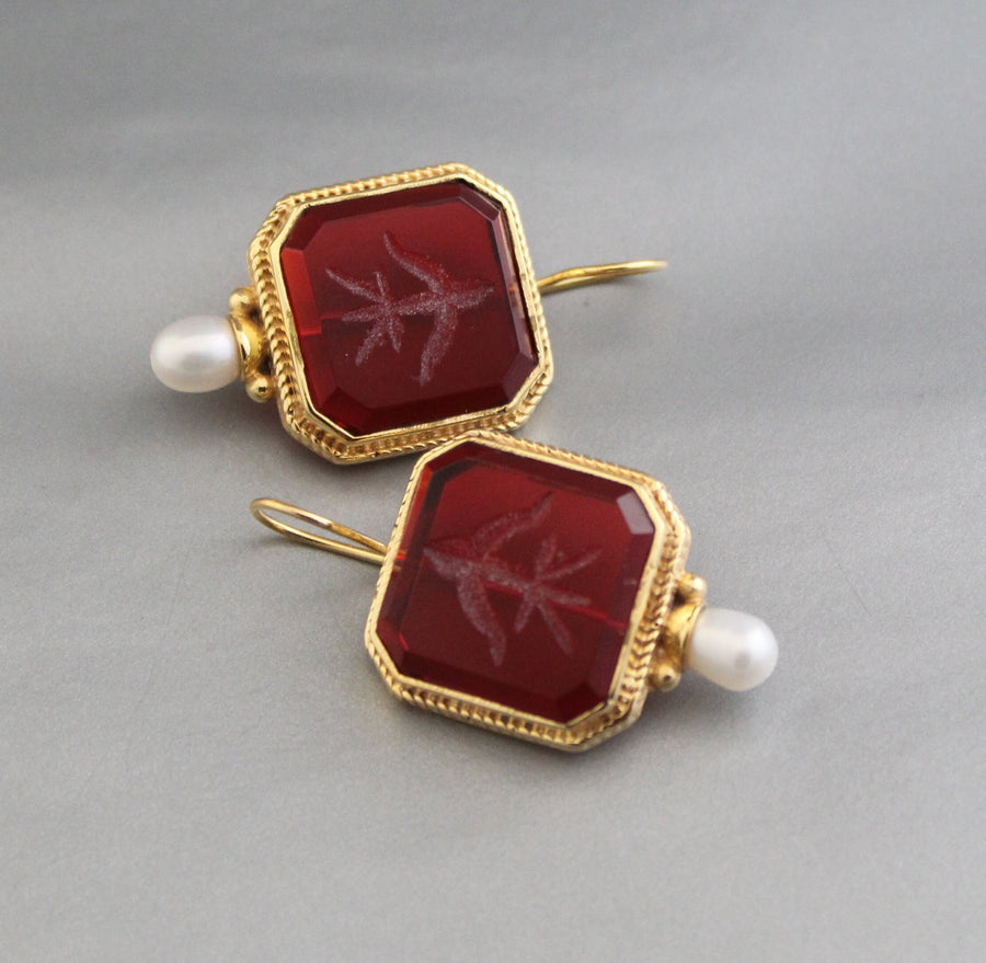Red Glass Intaglio Hoop Earrings, Victorian Style, 14K Gold with Pearl, photo 4