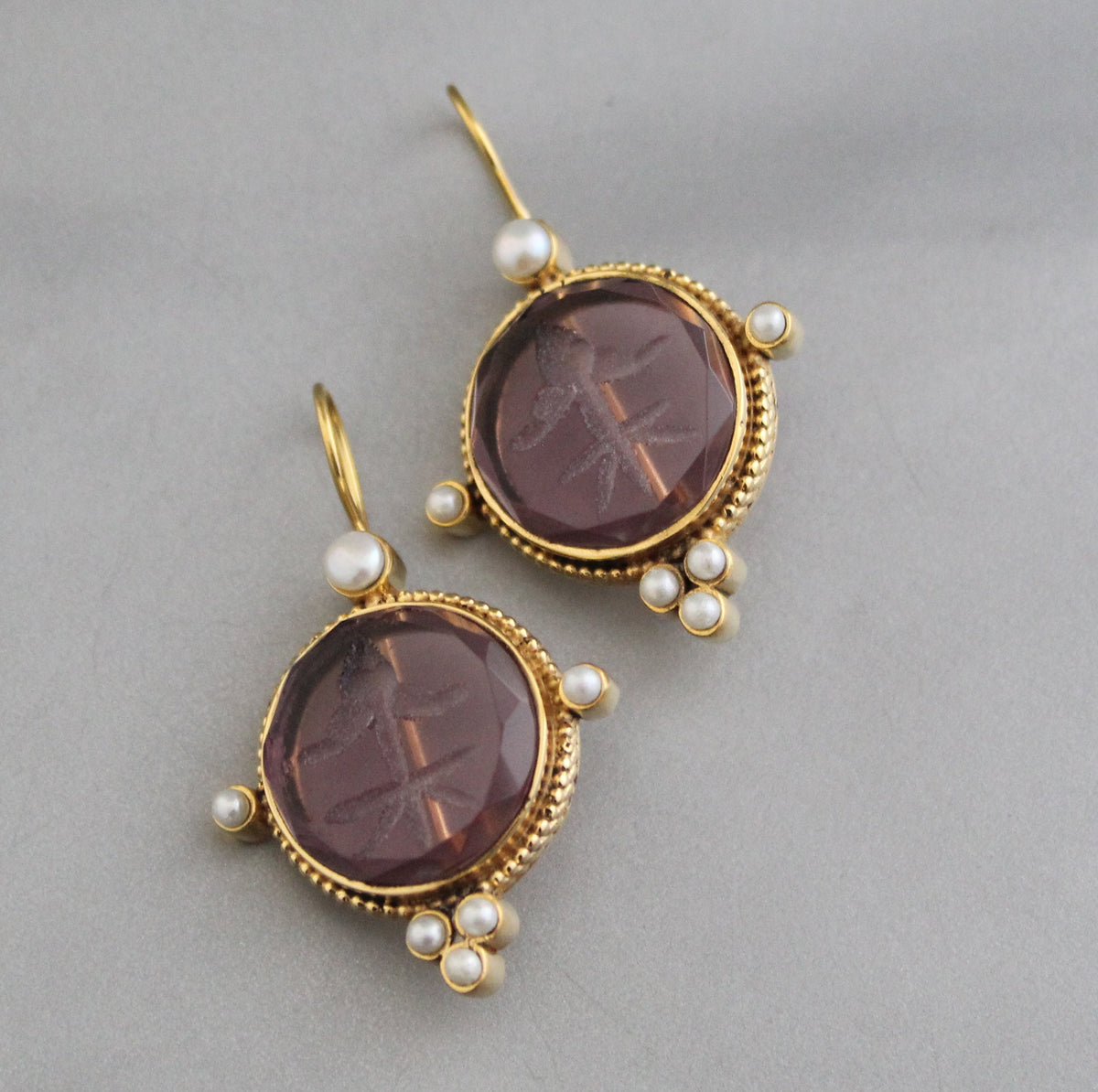 Purple Intaglio Earrings, Victorian Style, Gold, photo 6