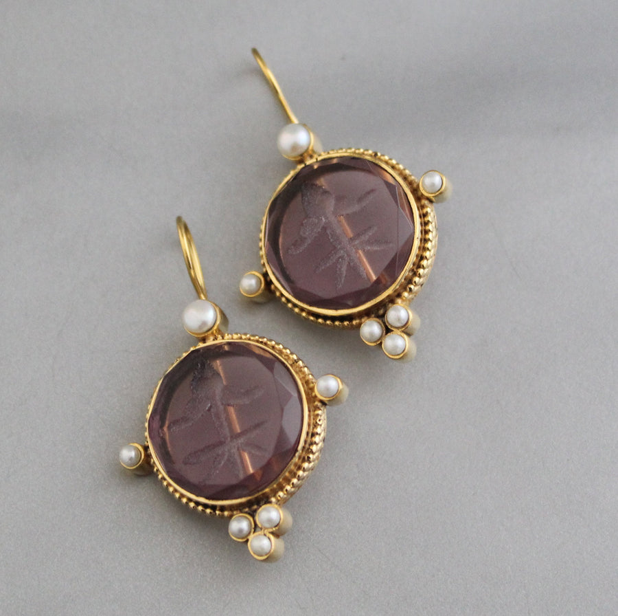 Purple Intaglio Earrings, Victorian Style, Gold, photo 6