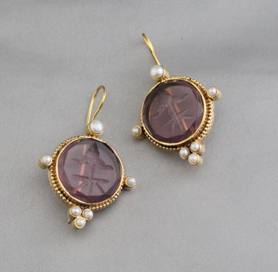 Purple Intaglio Earrings, Victorian Style, Gold, photo 7
