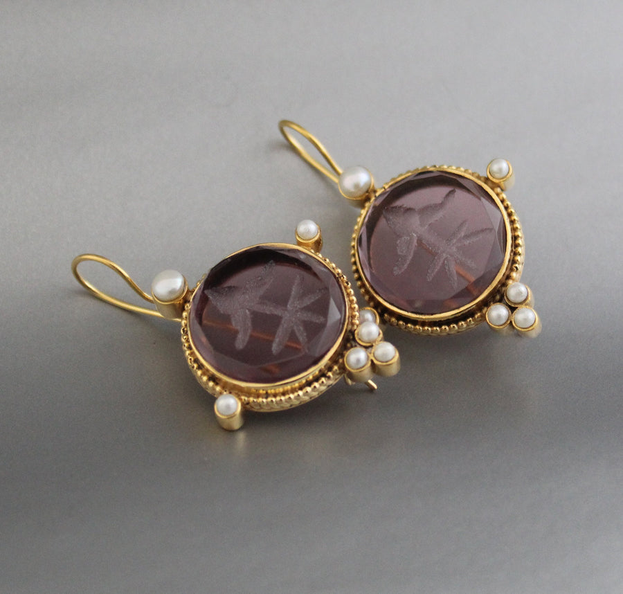 Purple Intaglio Earrings, Victorian Style, Gold, photo 8