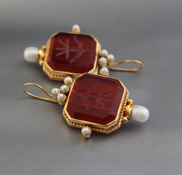 Red Glass Intaglio Earrings, Victorian Art Nouveau Style, 18K Gold
