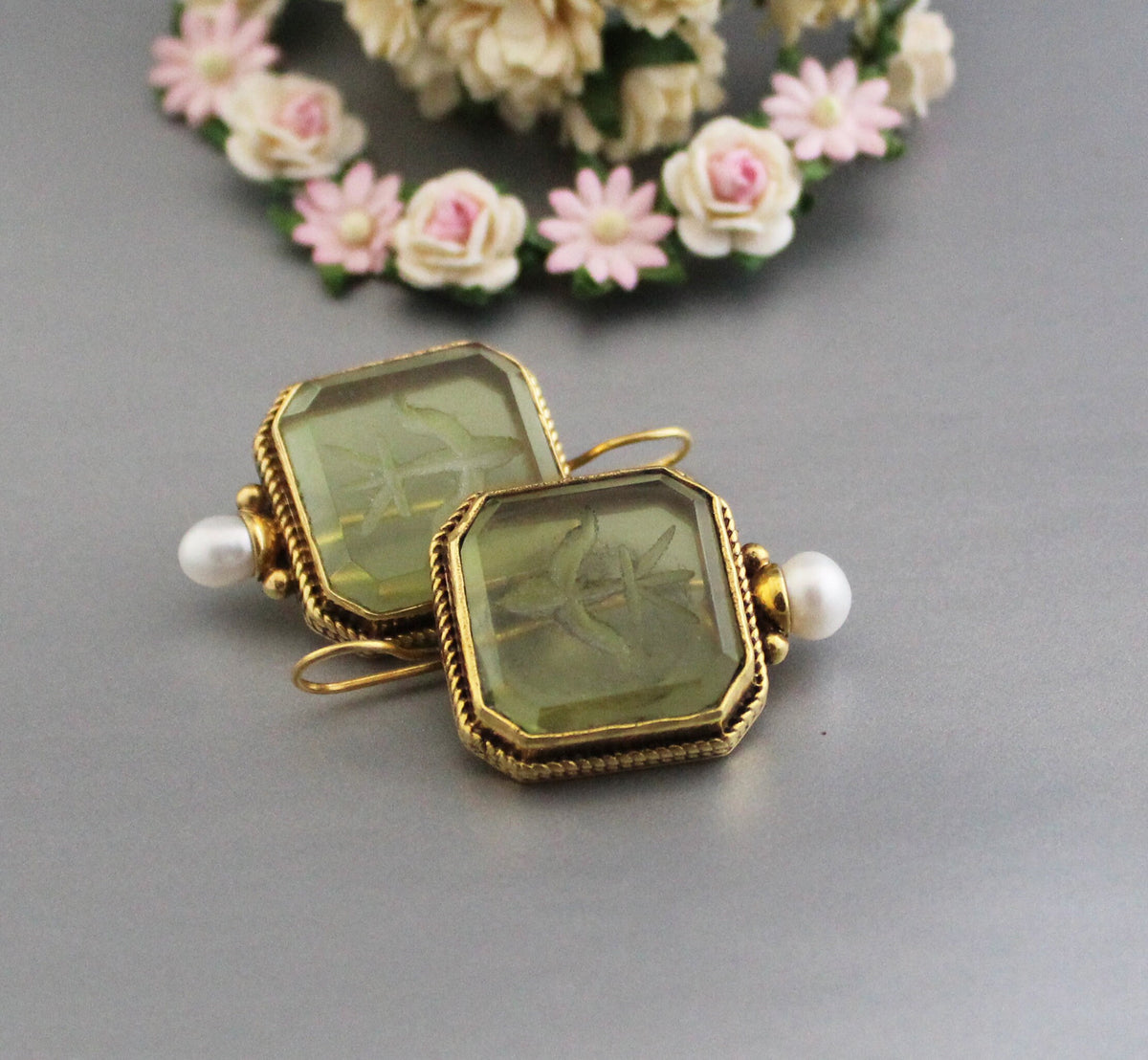 Green Glass Intaglio Earrings, Victorian Style, 18K Gold, photo 5