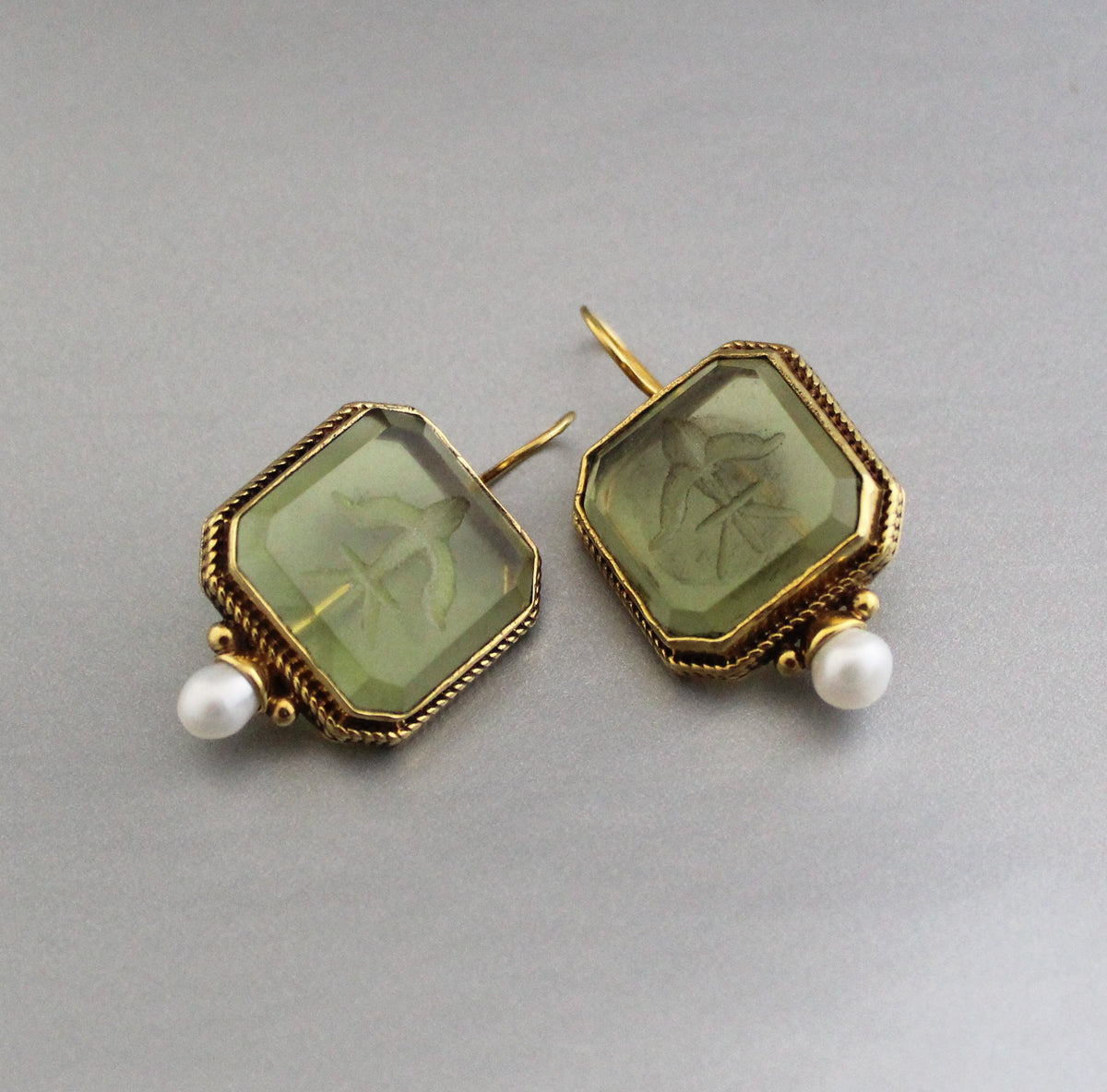 Green Glass Intaglio Earrings, Victorian Style, 18K Gold, photo 8