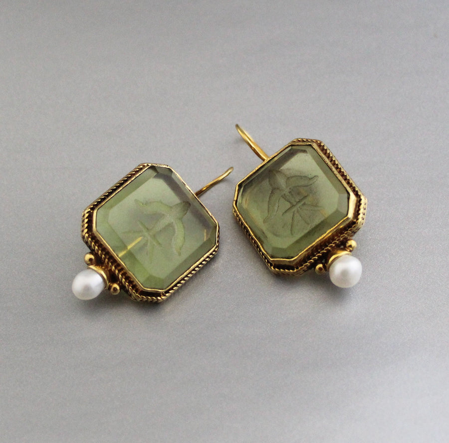 Green Glass Intaglio Earrings, Victorian Style, 18K Gold, photo 8