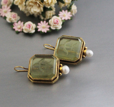 Green Glass Intaglio Earrings, Victorian Style, 18K Gold, photo 6