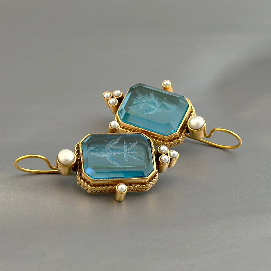 Blue Topaz Intaglio Crystal Earrings, Vintage Cameo Style, photo 7