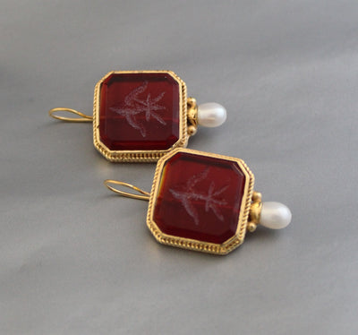 Red Glass Intaglio Hoop Earrings, Victorian Style, 14K Gold with Pearl, photo 9