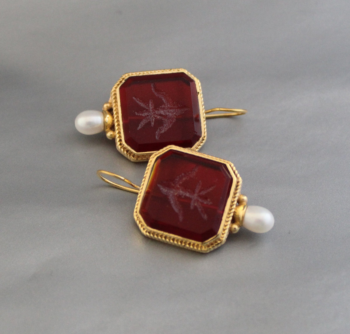 Red Glass Intaglio Hoop Earrings, Victorian Style, 14K Gold with Pearl, photo 8