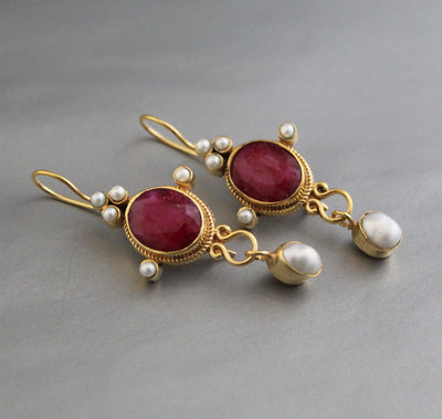 Ruby and Pearl Gold Earrings, Edwardian Art Nouveau Style, photo 2