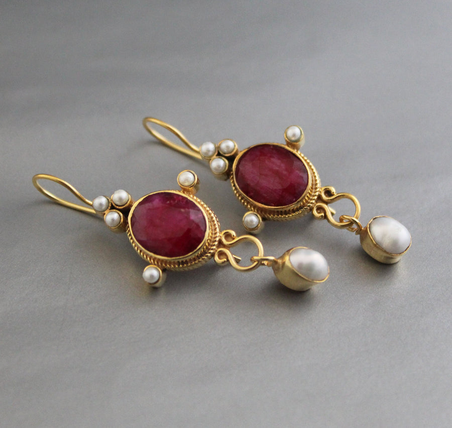 Ruby and Pearl Gold Earrings, Edwardian Art Nouveau Style, photo 2